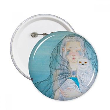 Imagem de Broche redondo em aquarela azul branco coruja menina estilo chinês broche emblema acessório decoração 5 peças
