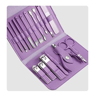Imagem de Conjunto de manicure 16 pçs com capa de couro PU Kit de cortador de unhas Pedicure Cuidados com as unhas Tesoura Cortador Aparador Ferramentas de arte para unhas, Novo Roxo