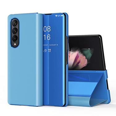 Imagem de Capa de telefone flip de couro com espelho de chapeamento de luxo para Samsung Galaxy Z Fold4 Fold 4 5G caso à prova de choque, azul claro, para Samsung Z Fold4