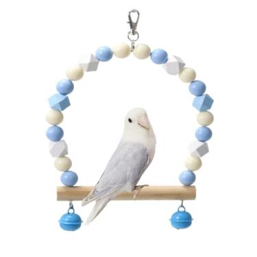 Imagem de Balanço de pássaro de madeira para calopsitas, papagaio, brinquedos pendurados, periquitos, suportes de gaiola, playground, acessórios de ginástica, brinquedo de escalada de sino de contas coloridas para periquitos, conures e periquitos (azul-branco)