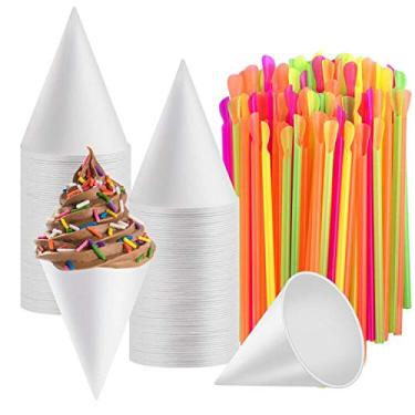 Imagem de Copos descartáveis de cone de neve, WXJ13, 100 peças, copos de gelo raspados de 170 g com 100 canudos de colher para festa da Home Company