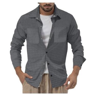 Imagem de Camisa masculina casual de manga comprida, estampa xadrez, abotoada, caimento justo, bolso, Cinza escuro, XXG