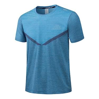 Imagem de Camiseta masculina atlética manga curta alta elástica impressão suave top secagem rápida leve academia, Azul claro, M