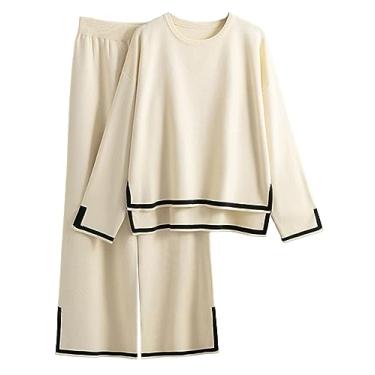 Imagem de Rxozrxoz Conjunto de suéter feminino de manga comprida, pulôver de malha, calça de perna larga, conjunto de 2 peças, Damasco, M