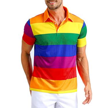 Imagem de LINOCOUTON Camisa polo masculina de manga curta com bandeira patriótica do orgulho do Dia do Orgulho, Amarelo, 3G