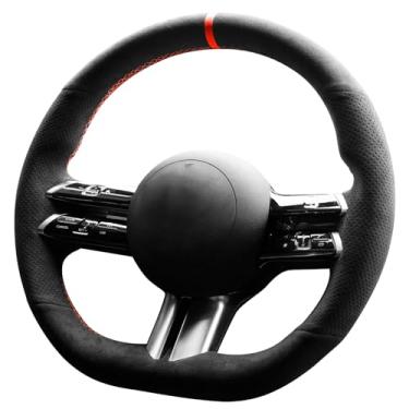 Imagem de Alfanxi Costura à mão Itália Alcantara Capa para volante de carro envoltório para Mercedes-Benz CLS 450 (Alcântara preta + linha vermelha)