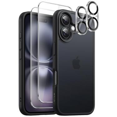 Imagem de JETech 5 em 1 Capa Fosca para iPhone 16 6,1 Polegadas com 2 Película Protetores de Tela de Vidro Temperado e Protetor de Lente de Câmera, Case Capinha Traseira Translúcida (Preto)