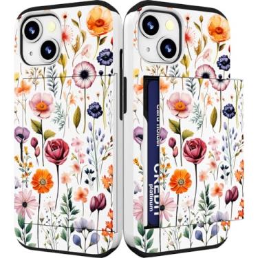 Imagem de IWONE Capa compatível com iPhone 14/15 Plus fofa com porta-cartões à prova de choque Slim Slot Phone 14/15 Plus capa carteira para mulheres/flores bonitas selvagens primavera jardim gramíneas floral