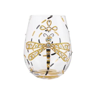 Imagem de Enesco Lolita Designs Taça de vinho artesanal sem haste pintada à mão libélula deslumbrante, 590 ml, multicolorido