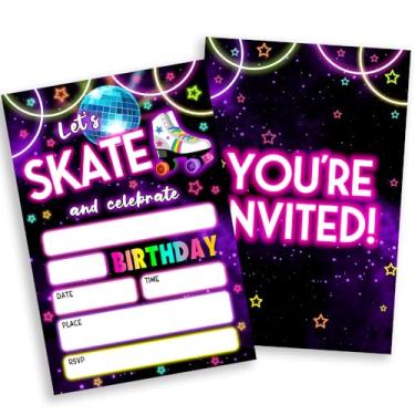 Imagem de Convites de festa Let's Skate, 20 convites de festa de patinação com tema neon de preenchimento dupla face com envelopes para crianças, meninos, meninas, cartões de convite de festa (10 × 15 cm) - B09