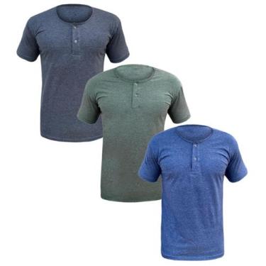 Imagem de Kit 3 Camisa Henley Camiseta Slim Botão Manga Curta Algodão Não Amassa