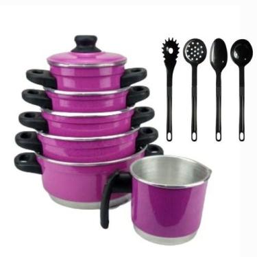 Imagem de Jogo De Panelas Rosa Em Alumínio Com Kit Talheres - Multi Aluminio, Ro