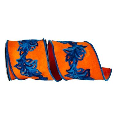 Imagem de Reliant Ribbon Fita de borda com fio Dupioni de folha bordada em filigrana, laranja/turquesa