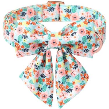 Imagem de Babole Pet Coleira floral para cães com gravata borboleta - coleira borboleta ajustável de flor azul respirável confortável primavera-verão para cães pequenos, médios e grandes, G