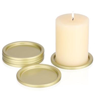 Imagem de OwnMy 6 peças de castiçais de ferro para velas de pilar, placas e bandejas de vela de pilar de metal de 7,6 cm, pequenos suportes redondos para velas elegantes, bases para centros de mesa de jantar de