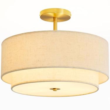 Imagem de Dgroositon Luminária De Teto Semi-Embutida De Tambor Duplo Com 3 Luzes, Rente Ao Teto, 16 Polegadas Com Cúpula De Tecido De Linho, Latão Dourado, Para Sala De Estar, Quarto, Sala De Jantar, Corredor