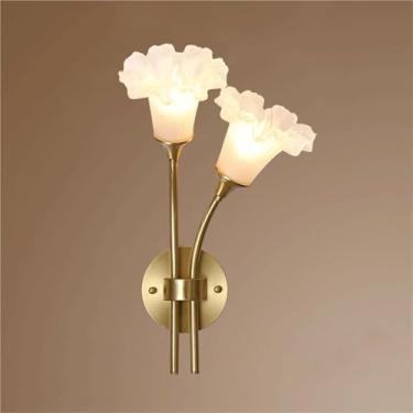 Imagem de Luminária de parede com acabamento em latão e vidro de cabeça dupla, design em formato de flor, para sala de estar, parede de fundo, banheiro, bar, escada, luminária de parede (à direita)