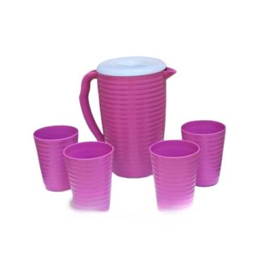 Imagem de Kit Jarra de Água e Suco Com 4 Copos 300ml Ondulados Plástico (PINK)