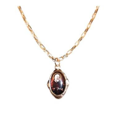 Imagem de Colar com Medalha São Padre Pio Dourado Caixa Veludo 60cm (AZUL)