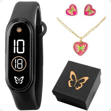 Imagem de Relogio Infantil Digital Led Preto + Brincos Colar + Caixa presente so
