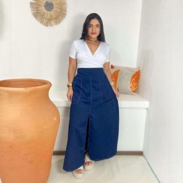Imagem de Saia Longa Fenda Frontal Moda Evangélica Feminina - MISS FLOWER, Azul 