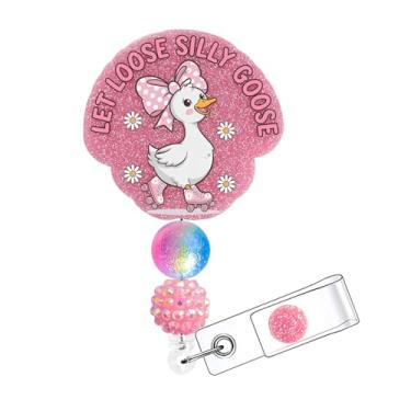 Imagem de Horee Carretel de crachá retrátil com clipe jacaré, porta-cartão de identificação de enfermeira de acrílico com glitter, design engraçado rosa brilhante (ganso solto)