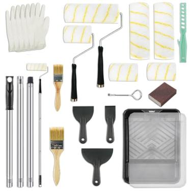 Imagem de MXOYOXM Kit de rolo de pintura de 26 peças com haste de extensão, bandeja de tinta azul de 23 cm e forros de bandeja de rolo, mini rolo de pintura de 10 cm e rolos de tinta de 23 cm, ideal para