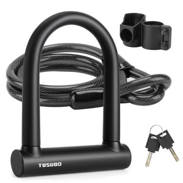 Imagem de TOSUOD Conjunto de cadeado em U para bicicleta grande, resistente e antirroubo com cabo de aço, cadeado em U com chaves, sinos de bicicleta e suporte de montagem resistente para e-bike, mountain bike,