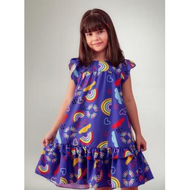 Imagem de Vestido Lara Infantil Arco Íris E Nuvens Roxo Babado Luxo - Se Tu Benç