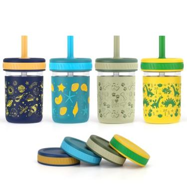 Imagem de Sursip Copos infantis infantis com canudo à prova de derramamento - Frasco de vidro de 227 g com tampas Smoothie Snack Water Sippy Cup Criança 1-3
