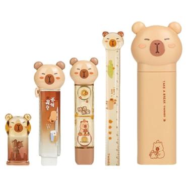 Imagem de MOZXIRZ Conjunto de 5 peças de papelaria de capivara, material escolar de desenho animado kawaii, incluindo borracha, apontador de lápis, régua, fita corretiva, cola, kit de papelaria fofo (5 peças