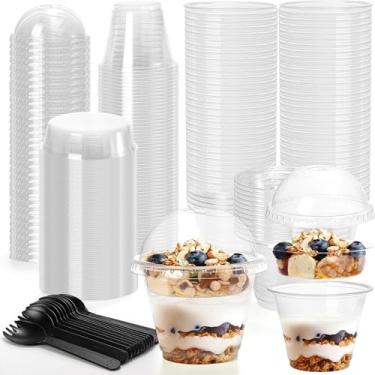 Imagem de Mkzruulf Copos de sobremesa com tampas de cúpula, 100 peças de copos transparentes de parfait de iogurte de 250 ml com cobertura hemisférica e esporos, para sobremesa, bebidas geladas geladas, lanches