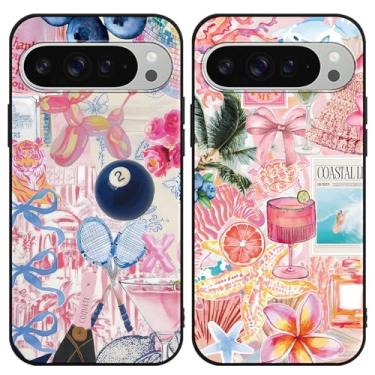 Imagem de Zrutru Pacote com 2 capas para celular com desenho animado para Google Pixel 9 Pro XL 5G 6,8 polegadas, lindo laço kawaii, estampa floral, praia, oceano, design estético, capa protetora para meninas e