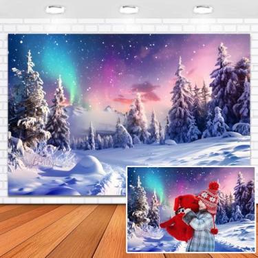 Imagem de XMJJKUF Pano de fundo de floresta de inverno para fotografia 3 x 2,4 m, Natal, pólo norte, aurora, cenário de neve, fundo de pinheiro, decorações de festa, faixa de feriado, adereços de estúdio de