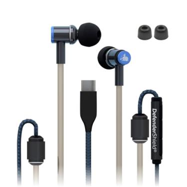 Imagem de DefenderShield Fones de ouvido estéreo de tubo de ar USB-C com pontas auriculares de espuma de memória - Fones de ouvido acústicos universais com fio com microfone e controle de volume