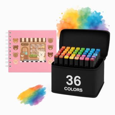 Imagem de Kit 36 Canetinhas Coloridas Ponta Dupla + Livro de Colorir Capa Dura Infantil com 50 Desenhos Diferentes | Educativo