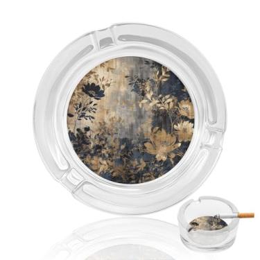 Imagem de Cinzeiro de cristal de flores douradas e pretas, cinzeiro redondo de vidro resistente para fumar cinzeiro portátil decorativo moderno para uso em casa, escritório, interior, exterior, pátio