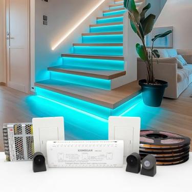Imagem de KOMIGAN Kit de iluminação de escada LED acionado por movimento inteligente KMG-3233, fita de luz de LED cortável de 101,6 cm para luzes de escada LED internas (cor verde marte, 16 escadas)