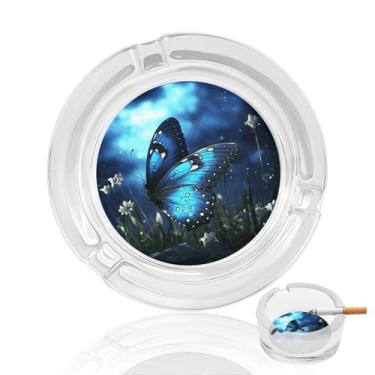 Imagem de Cinzeiro de cristal noturno de borboleta, cinzeiro redondo de vidro resistente, cinzeiro moderno decorativo portátil para uso em casa, escritório, interior, exterior, pátio