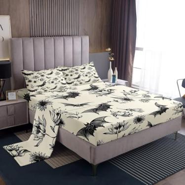 Imagem de meiyoeat Jogo de lençol casal de morcegos góticos, para crianças, meninos, meninas, floral, floral, assustador, temática de Halloween, 40,6 cm, bolsos profundos, 4 peças com 2 fronhas