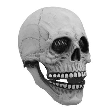 Imagem de Máscara de caveira de Halloween com mandíbula em movimento, máscara de caveira de látex assustadora e realista para adereços de festa de cosplay de Halloween