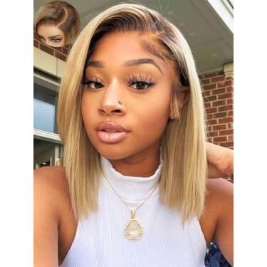 Imagem de KLAIYI Bye Bye Knots Peruca sem cola loira com raízes marrons Bob reto pré-cortado 18 x 12 perucas de cabelo humano frontal de renda pré-arrancadas pré-branqueadas corte sem corte ombré destaque parte