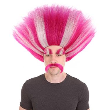 Imagem de Peruca HPO King Troll com Sobrancelhas e Bigode | Perucas Rosa com Listras Brancas para Tamanhos Adolescentes e Adultos | Peruca de Halloween Troll Cosplay e Festa Temática