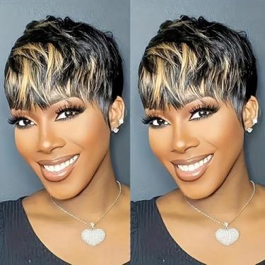 Imagem de Amecire Pixie Cut Wigs for Women 1B/27 Color Short Layered Pixie Perucas de cabelo humano com franja 150% densidade cabelo humano virgem brasileiro sem cola, perucas completas feitas à máquina