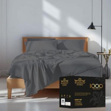 Imagem de Bluemoon Homes Jogo de lençol casal de 1000 fios de algodão egípcio de 4 peças - lençol com elástico total de 45,7 cm de profundidade, extra macio e melhor lençol - cinza carvão
