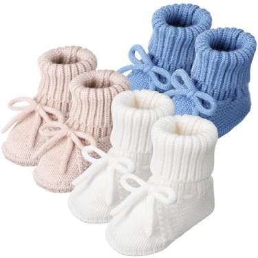 Imagem de Evervibe 3 pares de botas de malha para bebês recém-nascidos de 0 a 6 meses, sapatos aconchegantes para bebês meninas e meninos, Branco, Mika, azul jeans, 0-6 meses