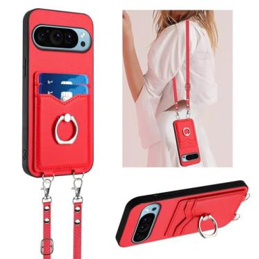 Imagem de LEMAXELERS Capa para Google Pixel 9 Pro XL com suporte para cartão e suporte de anel para mulheres, com cordão transversal removível alça de ombro capa para Google Pixel 9 Pro XL. Vermelho YKB