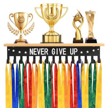 Imagem de QENWKXZ Expositor de cabide de medalha de metal, prateleira de troféu com ganchos, suporte de medalha de bambu para exibição de fita de montagem na parede, prateleira de exibição de troféu para