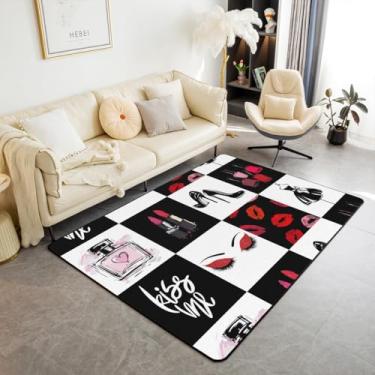 Imagem de Tapete decorativo de salto alto 150 cm x 200 cm x 1 cm (150 cm x 200 cm x 1 cm), moda senhora lábios vermelhos cílios tapete interno para sala de jogos cabeceira sofá quarto, preto branco geométrico sem derramamento tapete para meninos meninas