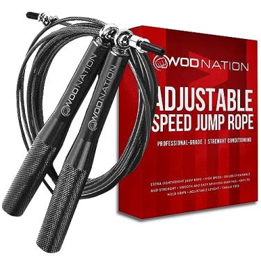 Imagem de WOD Nation Corda de salto ajustável de alta velocidade de alumínio para mulheres e homens – Corda de pular para boxe, fitness, treino – Cabo de velocidade ajustável – Alça antiderrapante – Preta